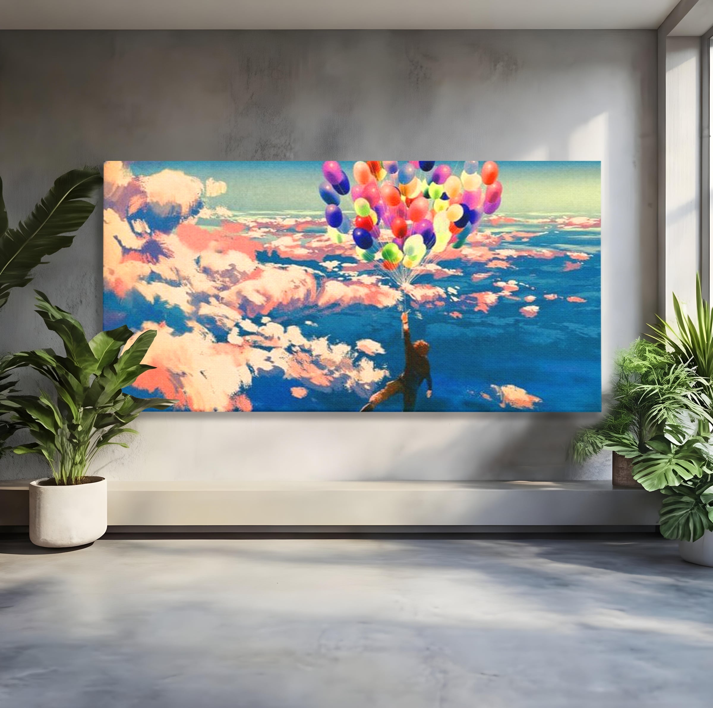Tablou canvas cu tablou canvas cu om zburand cu baloane, fara rama, pe sasiu de lemn